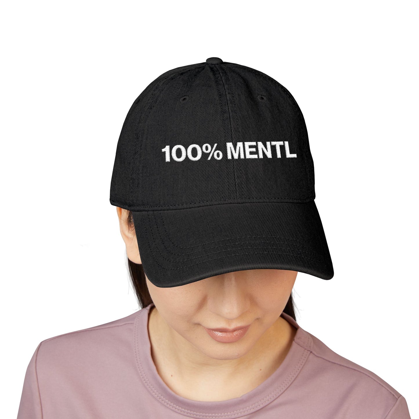 Embroidered Denim Hat — “100% MENTL” Front with “but Happy” Back