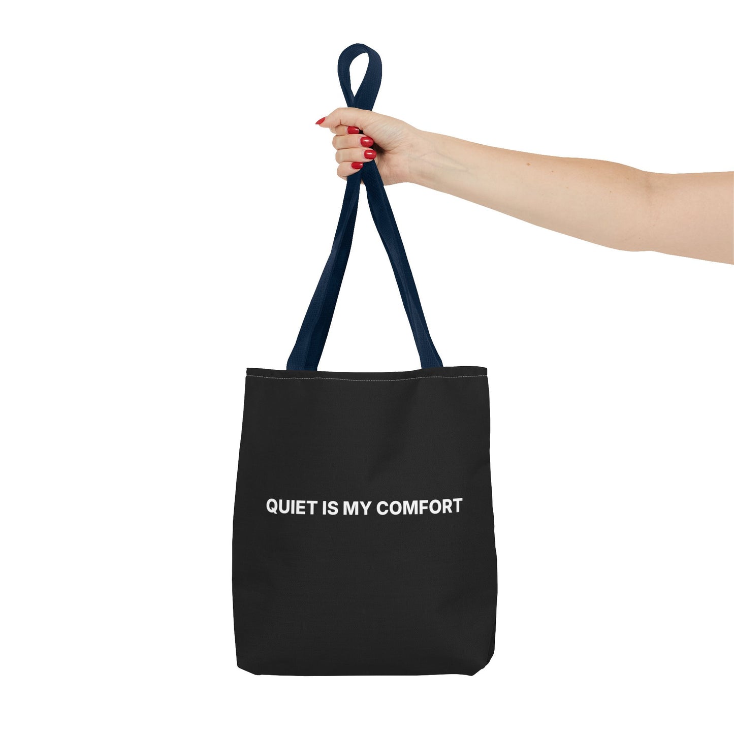 Quiet Is My Comfort Tote Bag – Minimalist Black AOP Statement Tote