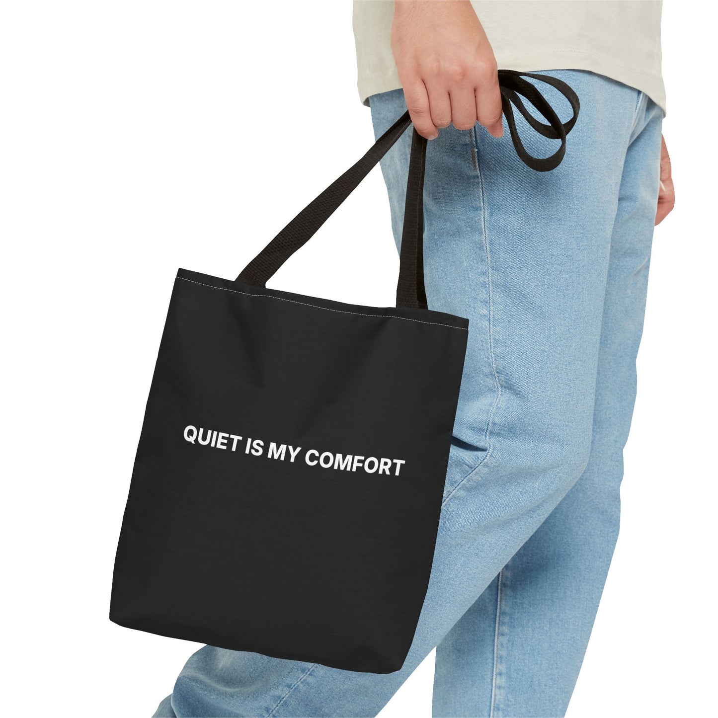 Quiet Is My Comfort Tote Bag – Minimalist Black AOP Statement Tote