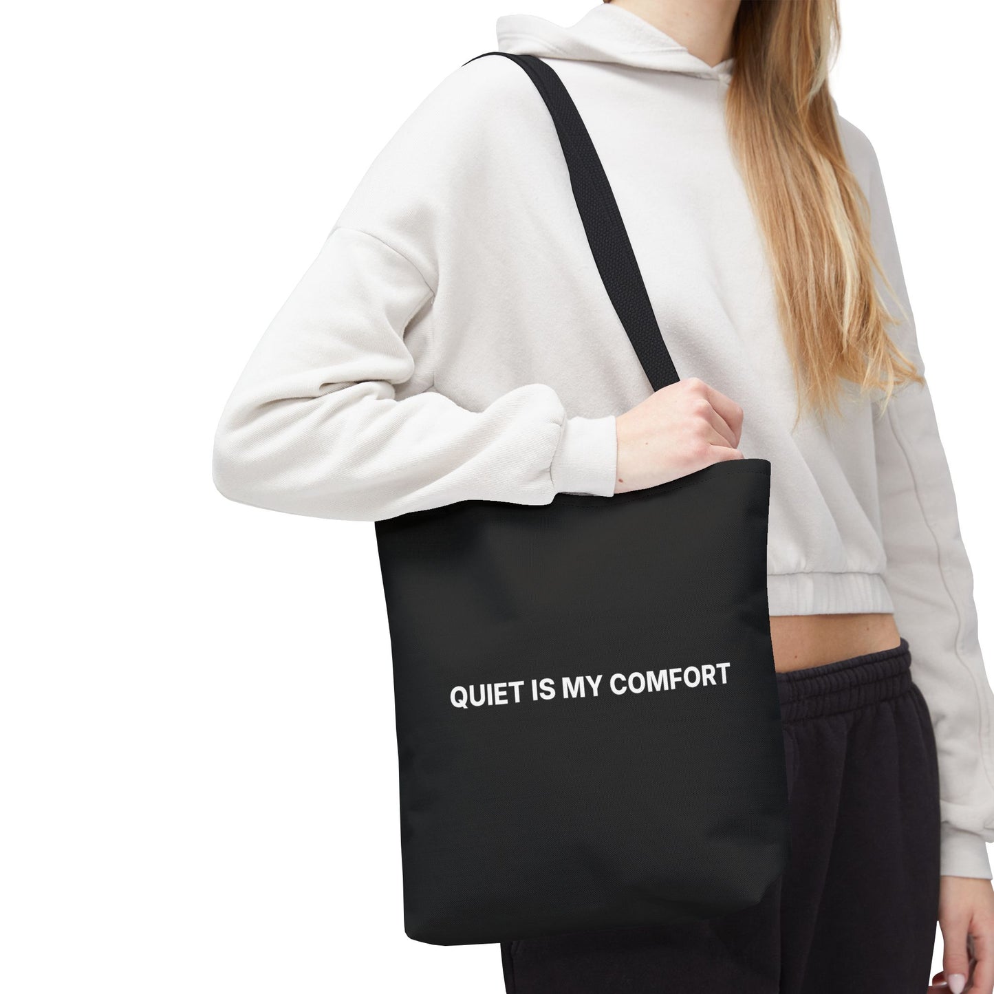Quiet Is My Comfort Tote Bag – Minimalist Black AOP Statement Tote
