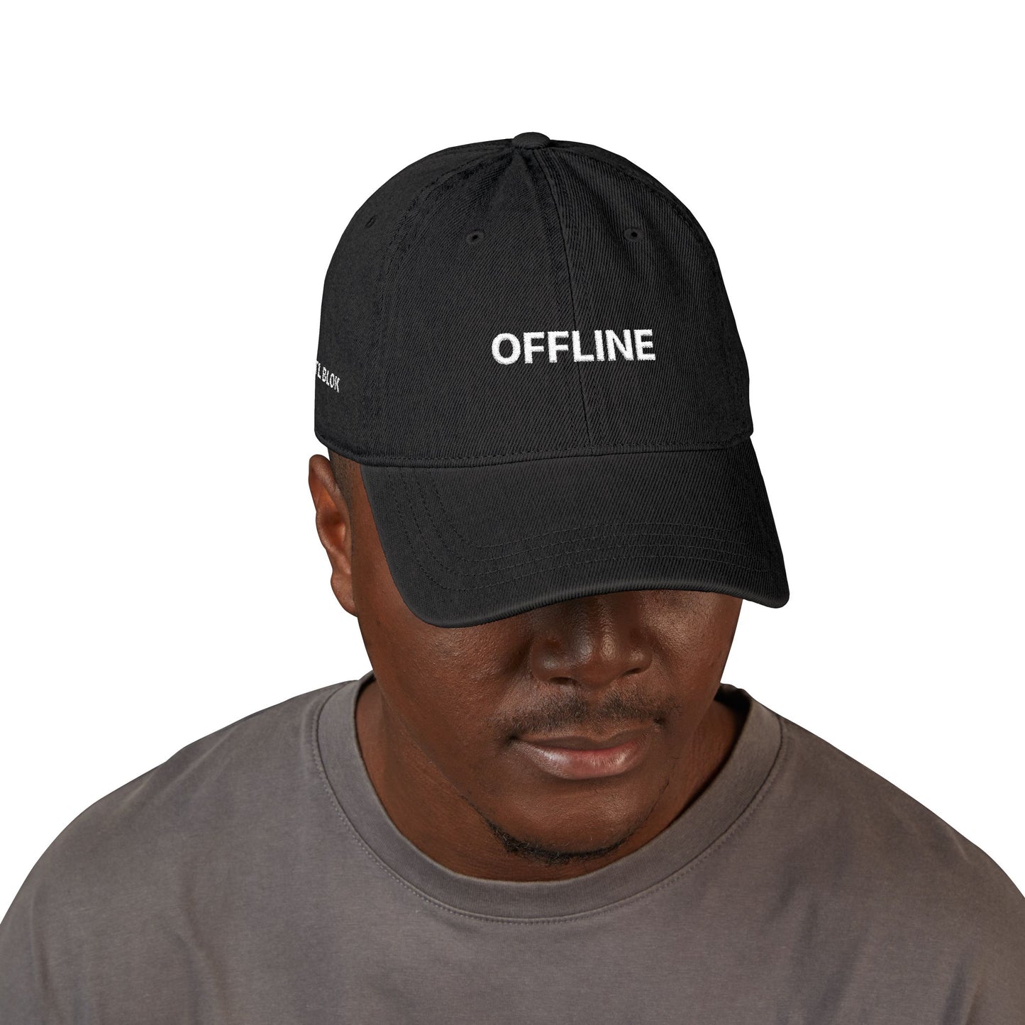 Offline Embroidered Denim Hat — Casual Black Cap for Tech-Free, Everyday Wear