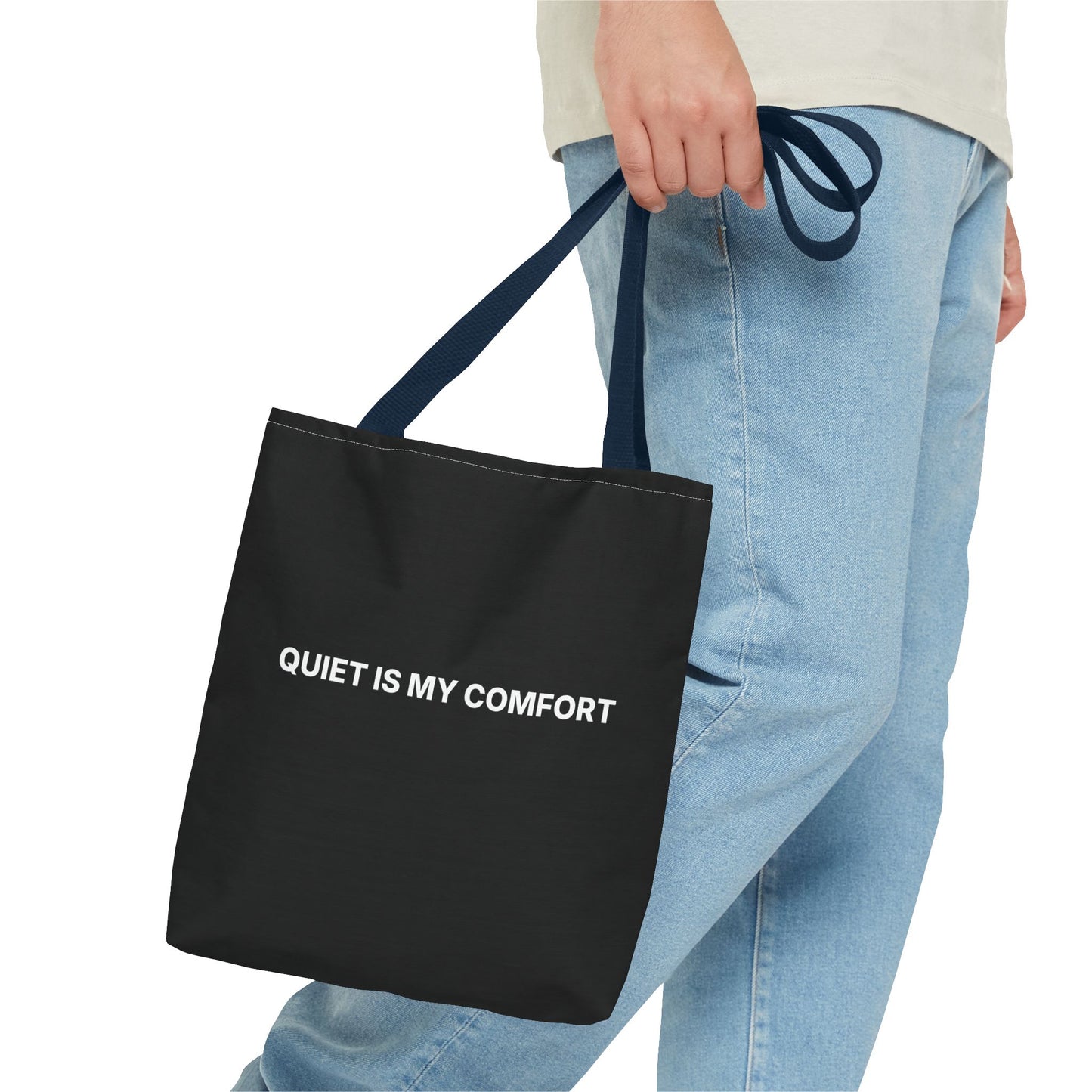 Quiet Is My Comfort Tote Bag – Minimalist Black AOP Statement Tote