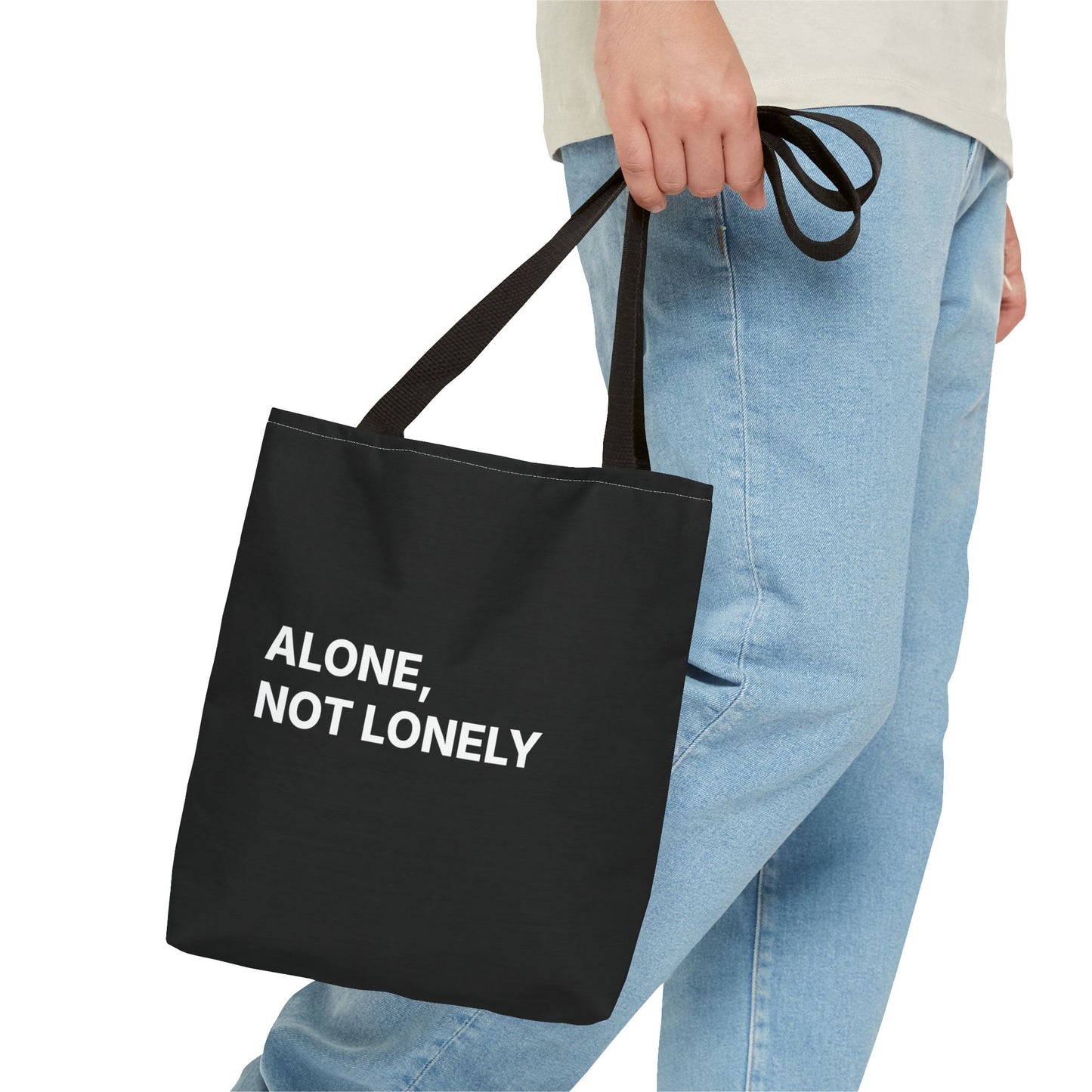 Alone, Not Lonely Black Tote Bag – Empowerment Quote Canvas Tote
