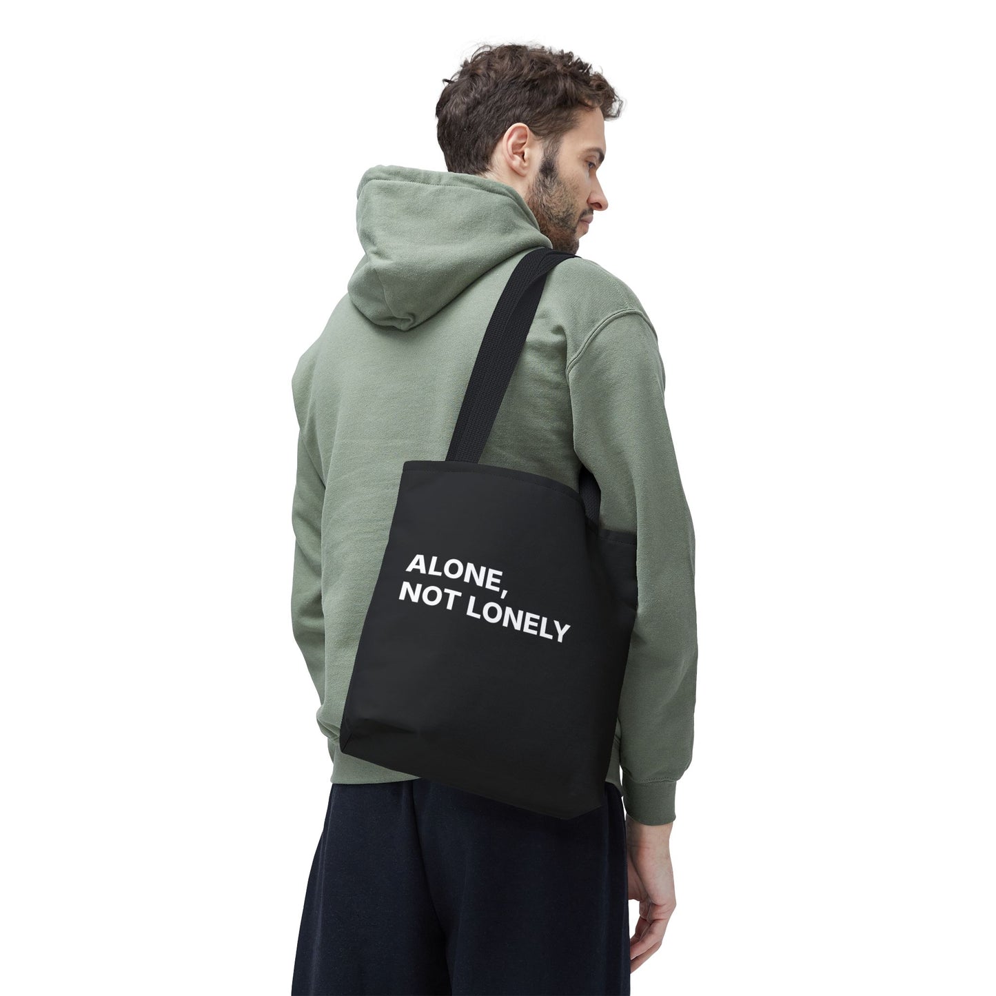 Alone, Not Lonely Black Tote Bag – Empowerment Quote Canvas Tote