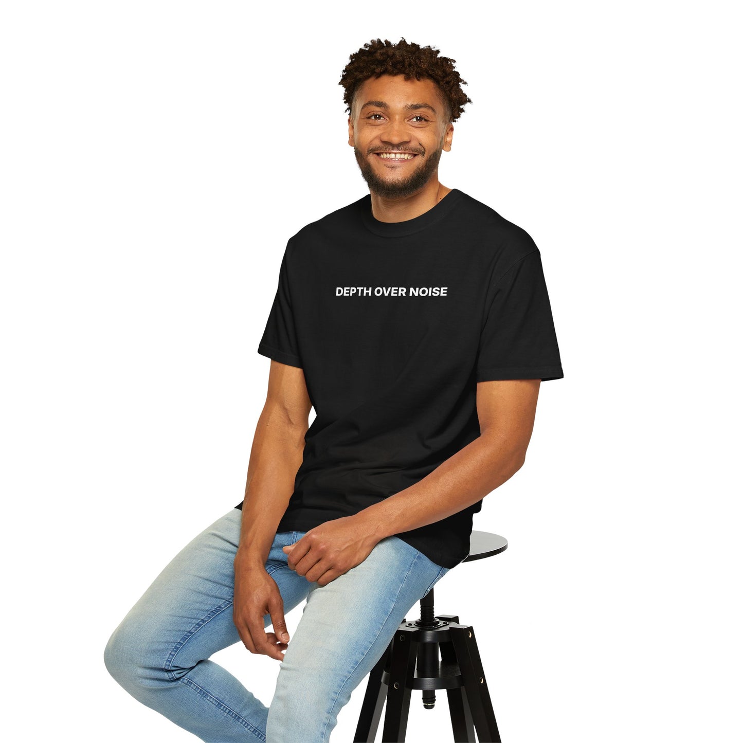 Depth Over Noise T-Shirt — Minimalist Black Tee with 'I Feel More Than I Show' Back Text