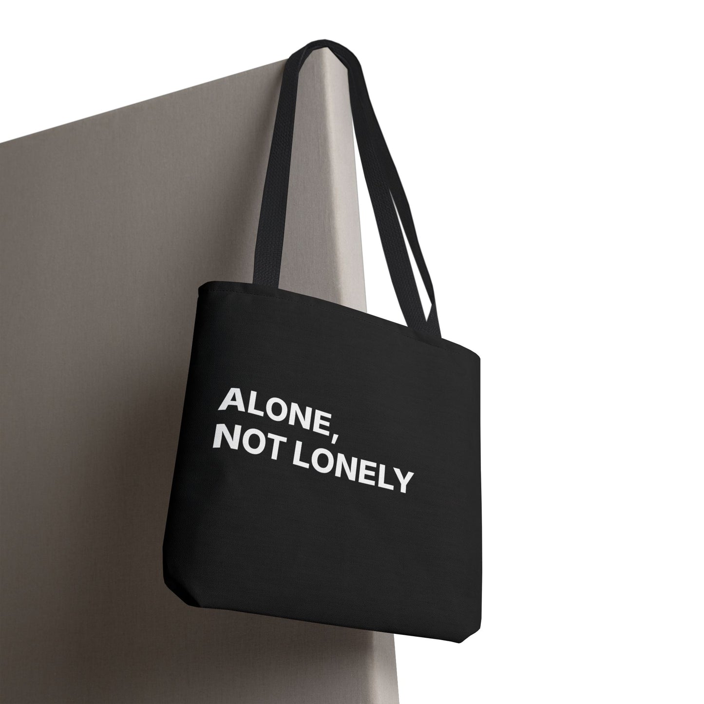 Alone, Not Lonely Black Tote Bag – Empowerment Quote Canvas Tote