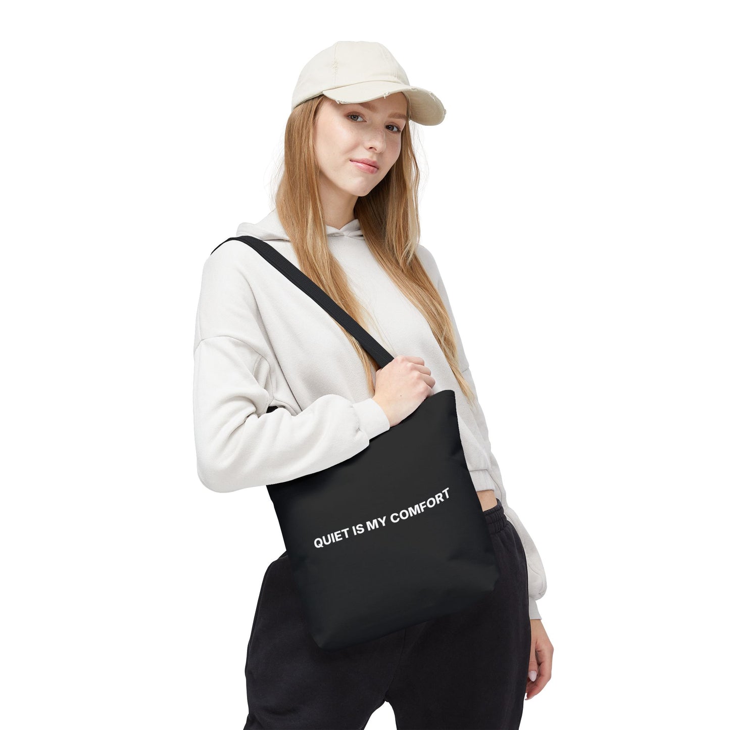 Quiet Is My Comfort Tote Bag – Minimalist Black AOP Statement Tote