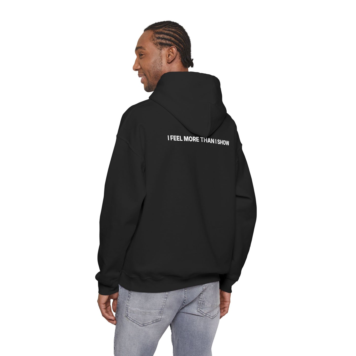 Introvert Black Hoodie — “Depth Over Noise” (Front) / “I Feel More Than I Show” (Back)