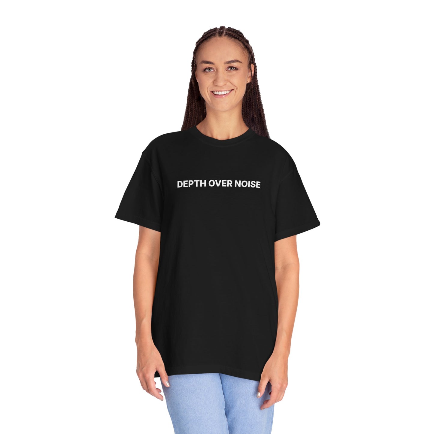 Depth Over Noise T-Shirt — Minimalist Black Tee with 'I Feel More Than I Show' Back Text