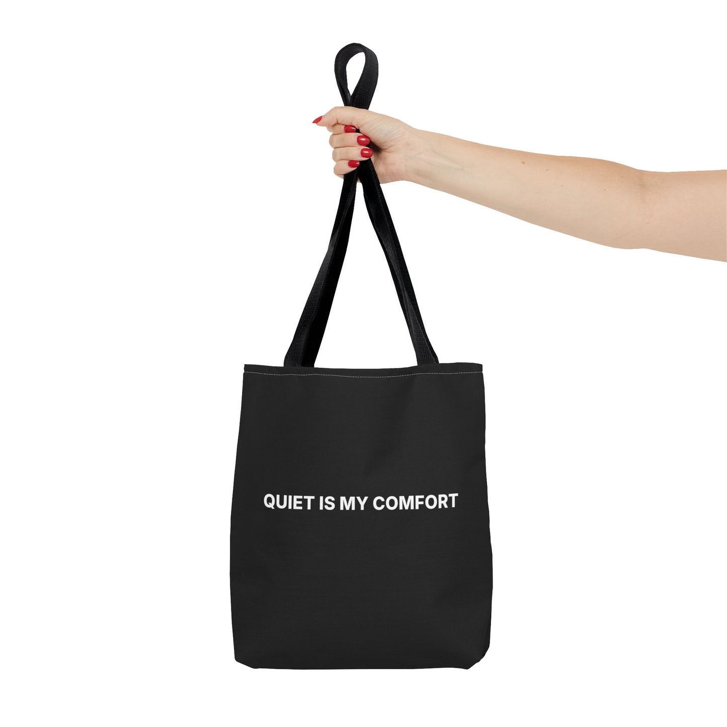 Quiet Is My Comfort Tote Bag – Minimalist Black AOP Statement Tote