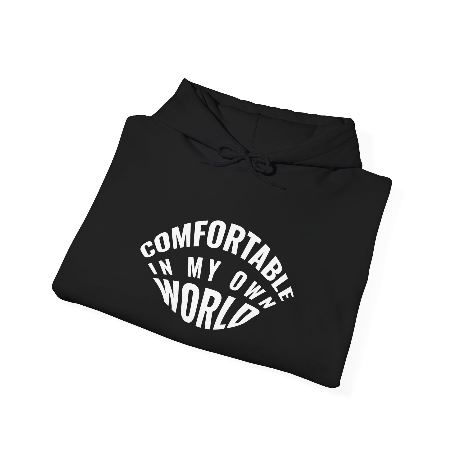 Black hoodie with 'Comfortable in My Own World' text on a white background