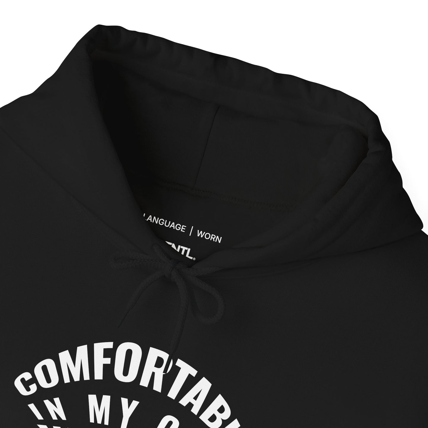 Black hoodie with text on a white background
