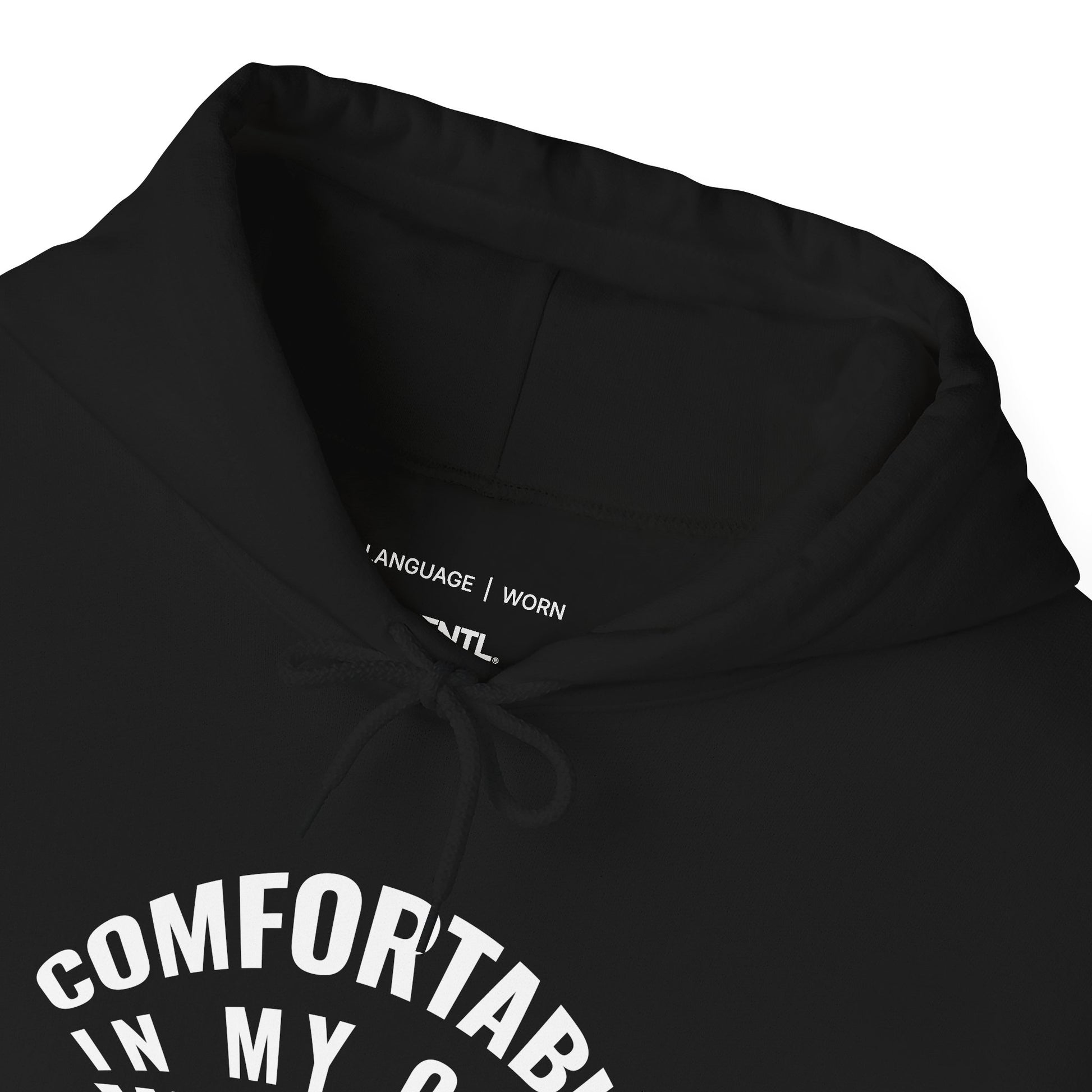 Black hoodie with text on a white background