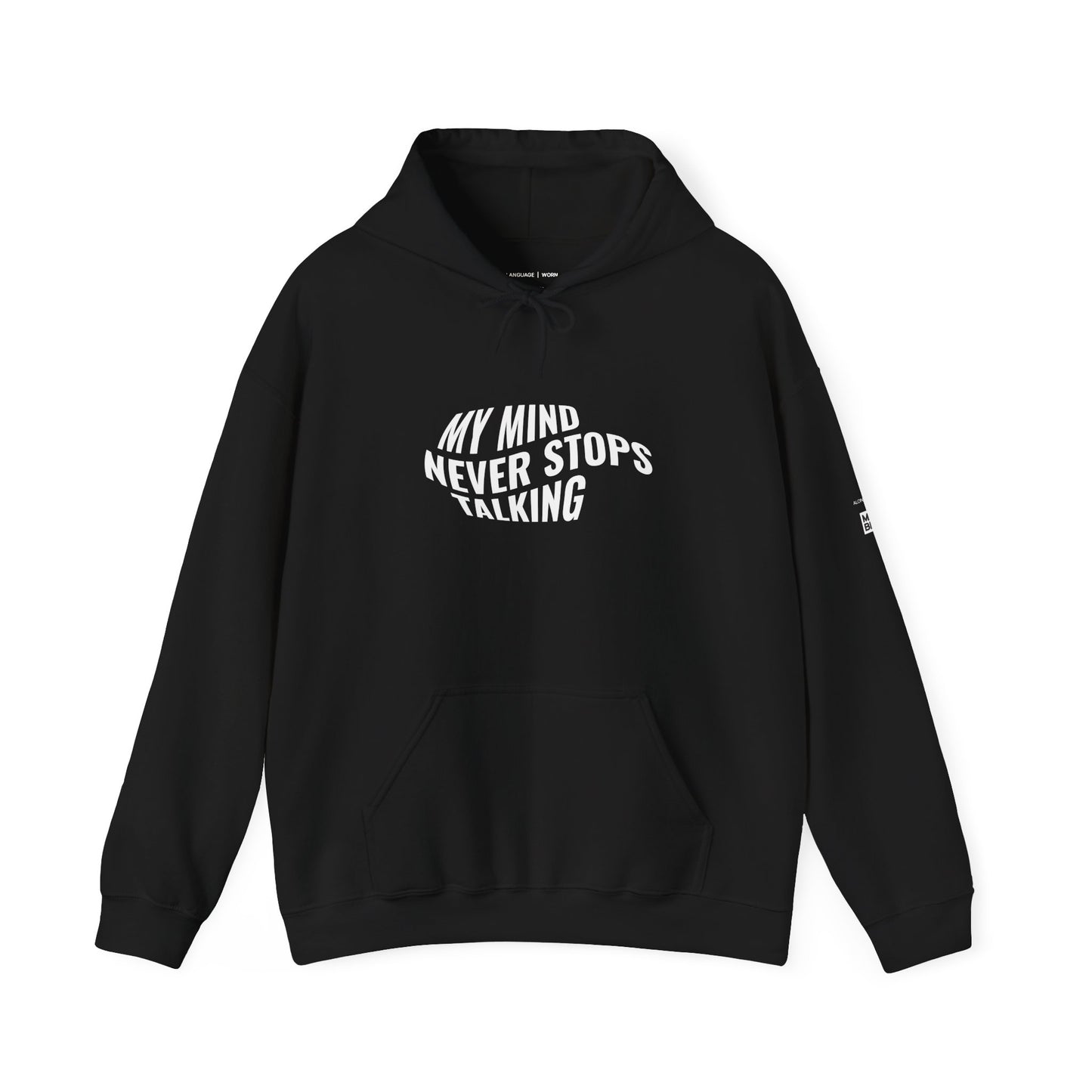 Black hoodie with white text on a white background