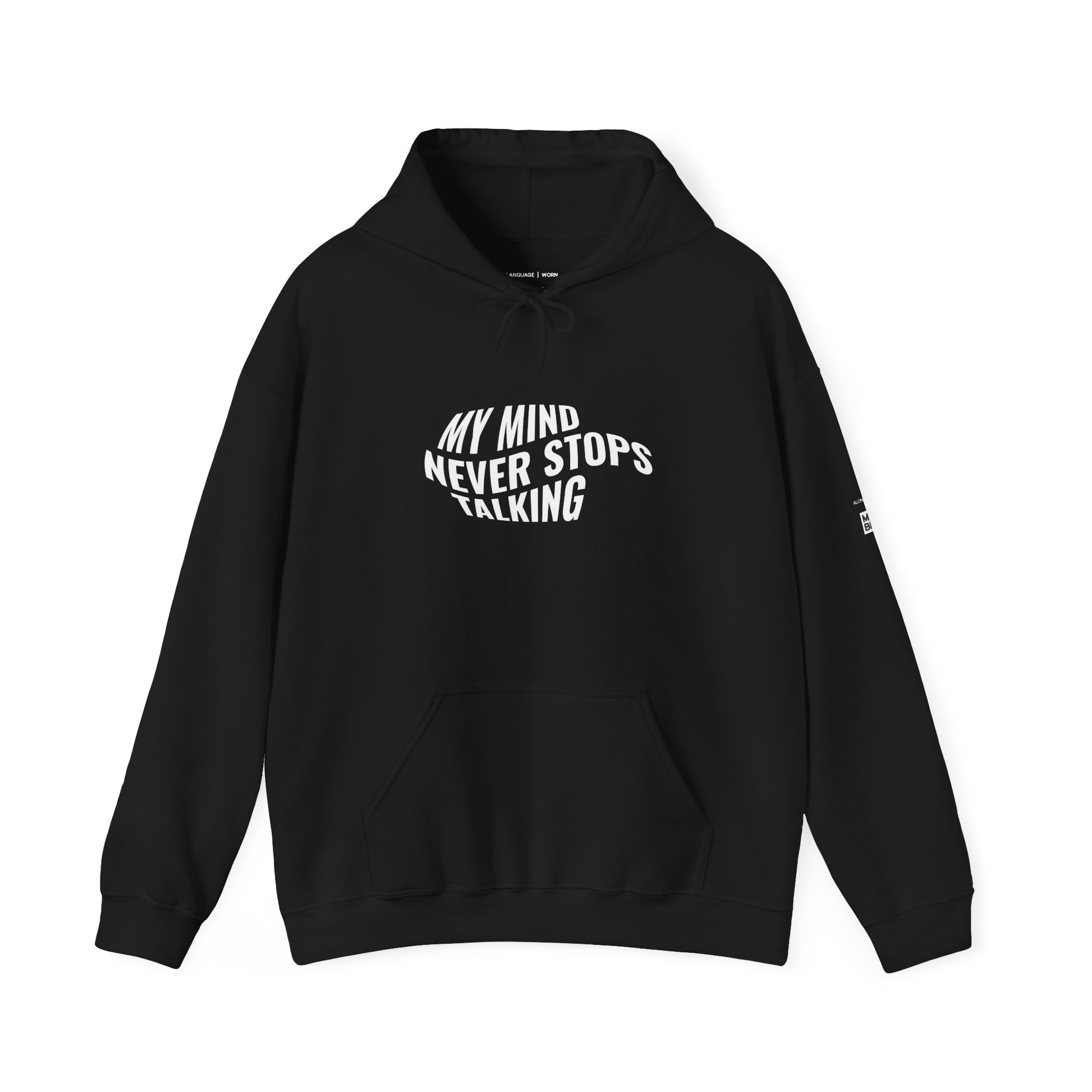 Black hoodie with white text on a white background
