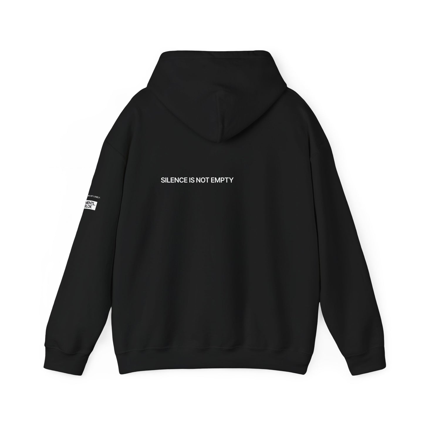 Black hoodie with text 'SILENCE IS NOT EMPTY' on the back, on a white background