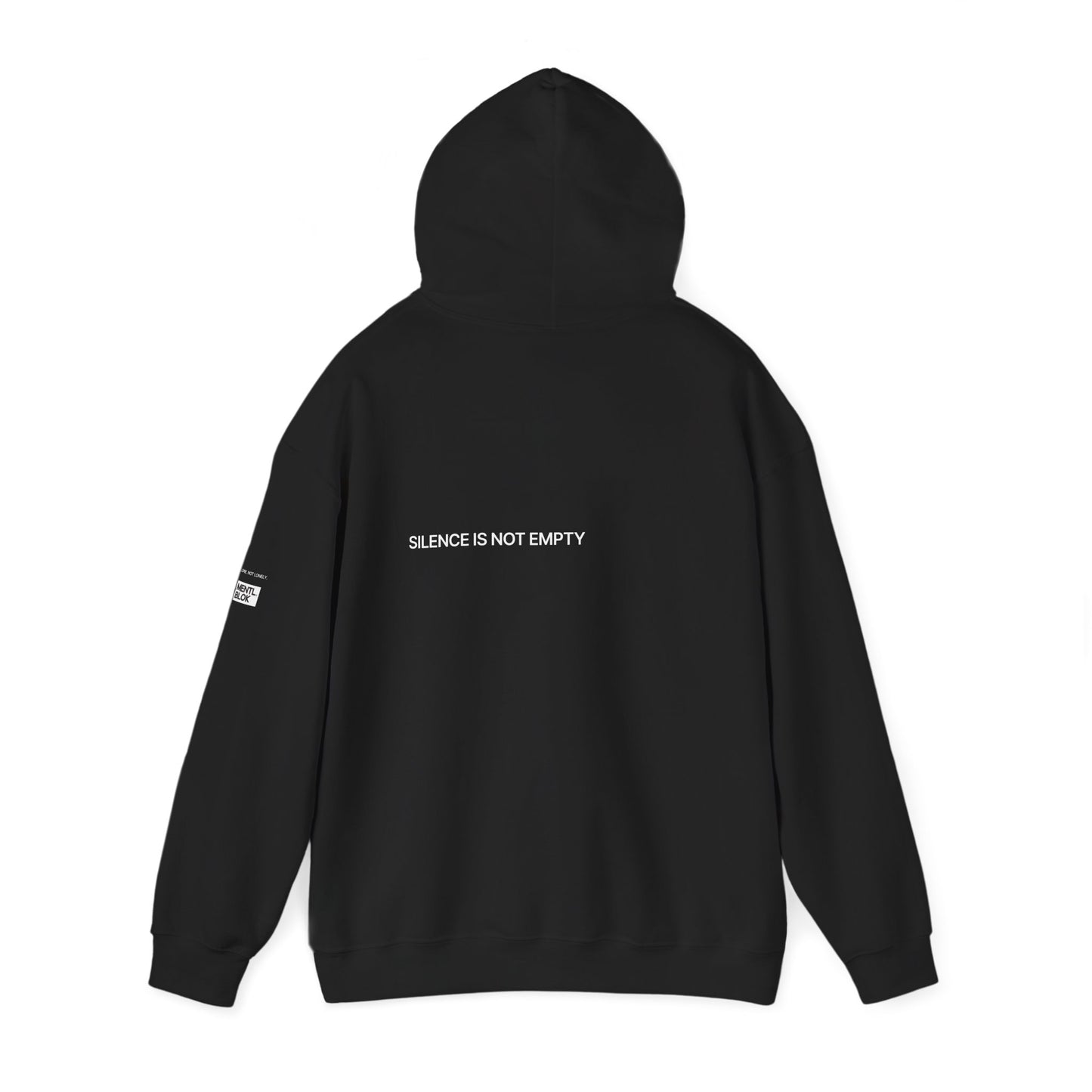 Black hoodie with 'Silence is Not Empty' text on a white background