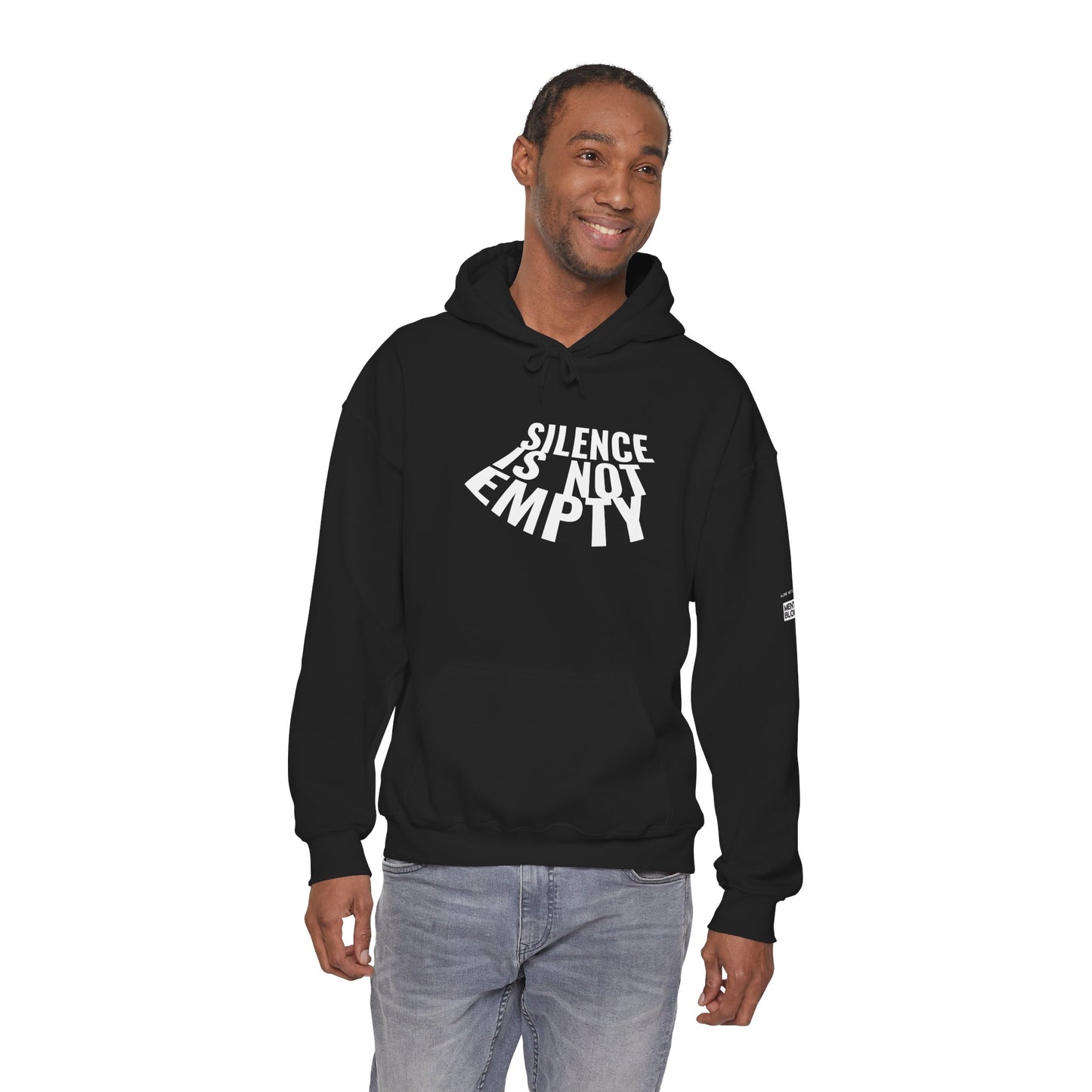 Man wearing a black hoodie with 'Silence is Not Empty' text on a white background